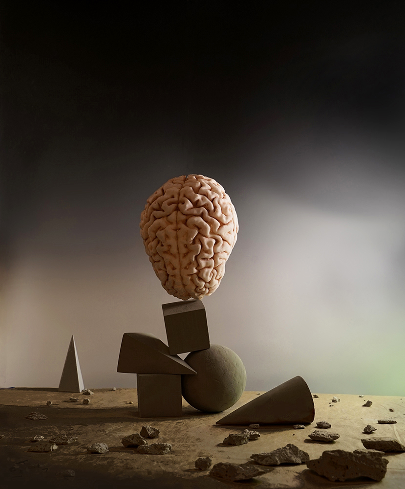 surrealism, dream, brain, geometry, platonic solid, pyramid, sphere, ball, landscape, floating, surreal brain